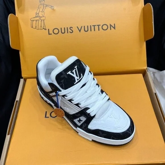 Louis Vuitton Trainer Sneaker Black and White with Pink Accents Boots